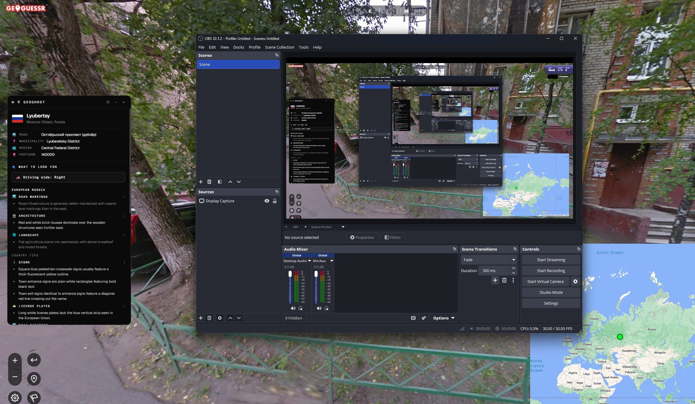 OBS Display Capture recording of GeoGuessr showing the GeoGhost overlay because stream-invisible mode is off — viewers would see everything.